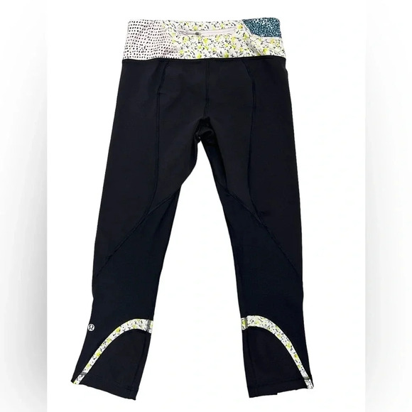Lululemon Run Inspire Crop Leggings Black Neutral Blush Floral Athletic Pants 4 - Picture 6 of 12